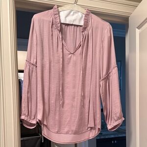 LOFT Pink Blouse with Relaxed Fit Ruffled Sleeves and Mandarin Collar